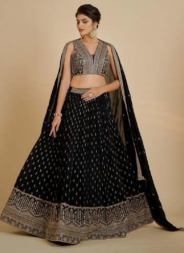 Alluring Black georgette Lehenga with sequin thread embroidery comes with a  designer blouse.